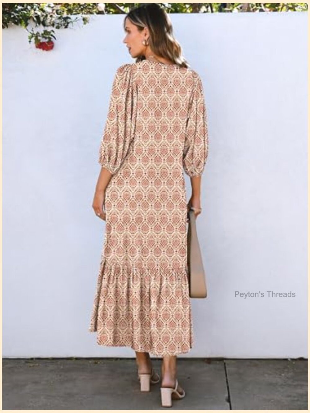 Boho Maxi Dress with Puff Sleeves Pockets Flowy Long Casual - Picture 4 of 7
